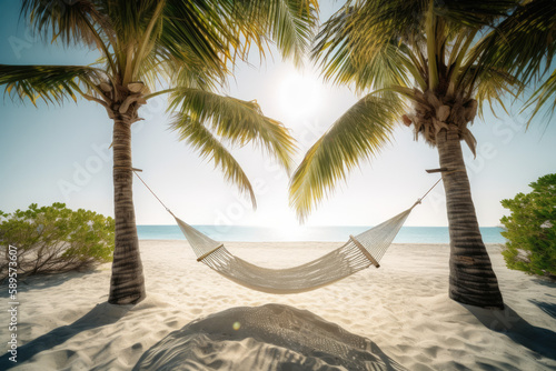 Beach vacation with sun and hammock, AI Generative