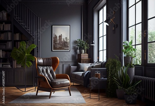 Style loft interior with gray armchair and dark walls, high resolution, style, design, modern renovation, panoramic window, seating area with a cup of coffee or an interesting book,. Generative AI © Randy