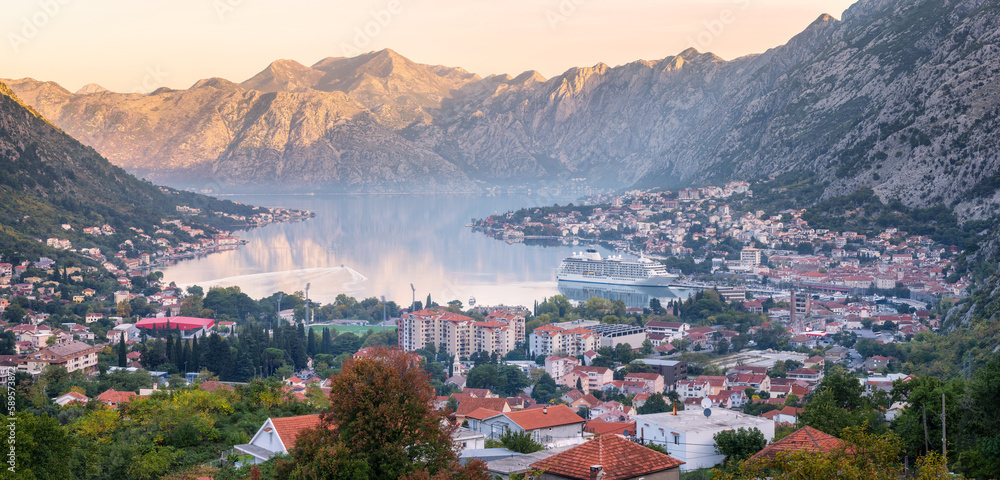 A panoramic view of the famous Bay of Kotor, Montenegro from high up, nestled between picturesque rocky slopes
