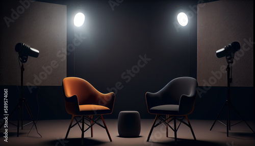 Stylish interior  two chairs  studio light  interview scene. Al generated