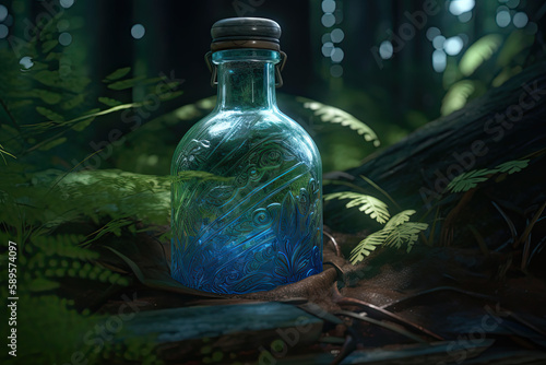 Wiccan Neopaganism Glass Bottle over Forest Ground - AI Generated