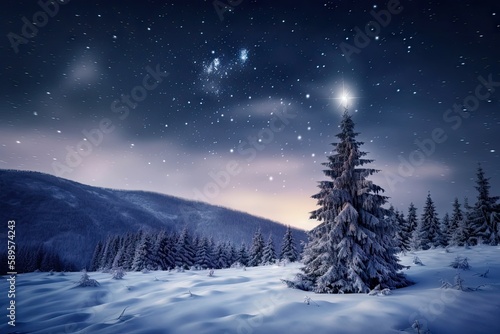 xmas tree and starry night sky in magical winter wonderland, created with generative ai © Natalia