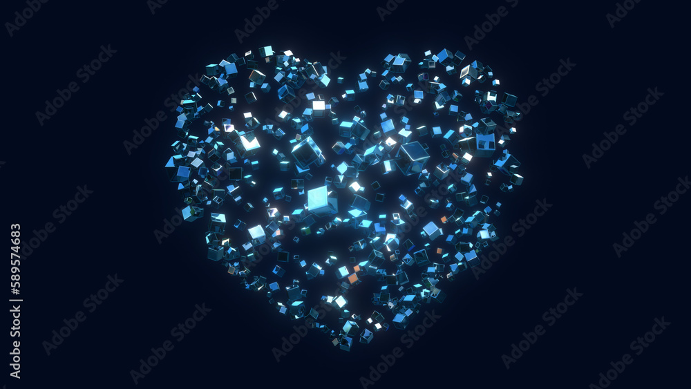 Heart shape with many glasses cubes isolated on dark background Heart shape with many glasses cubes isolated on dark background