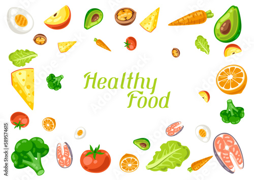 Background with healthy eating and diet meal. Fruits  vegetables and proteins for proper nutrition.