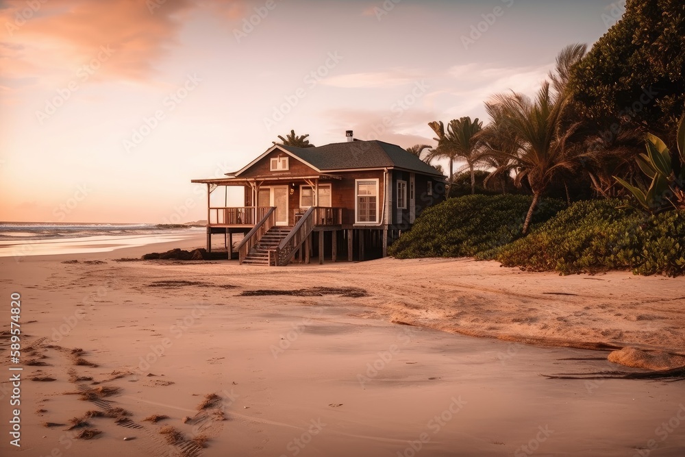 peaceful beach setting with cozy house in the background, created with generative ai