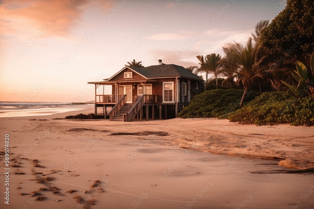 peaceful beach setting with cozy house in the background, created with generative ai peaceful beach setting with cozy house in the background, created with generative ai