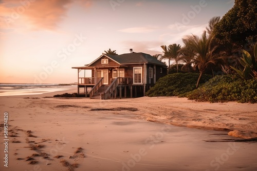 peaceful beach setting with cozy house in the background, created with generative ai © Natalia