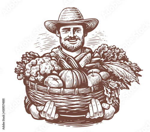 Farmer with freshly picked vegetables in basket. Fresh organic farm food. Sketch vector illustration