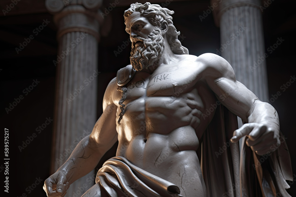 Obraz premium Sculpture of Zeus God Holding Thunder in his Hand - AI Generated