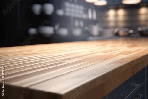 Wood table top on blur kitchen counter (room)background   Wooden table top on blur kitchen room background,Modern Contemporary kitchen room interior, Generative AI © Azar