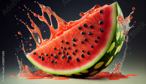 Juicy watermelon with juice splash on dark background. Al genera