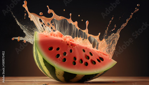 Juicy watermelon with juice splash on dark background. Al generated