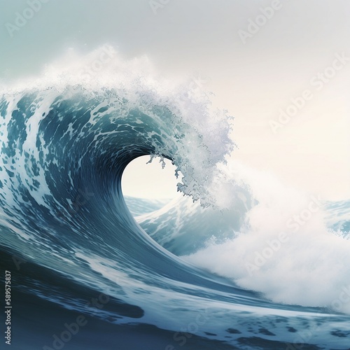 An awe-inspiring image of a massive wave crashing into the vast expanse of the ocean, AI-generated