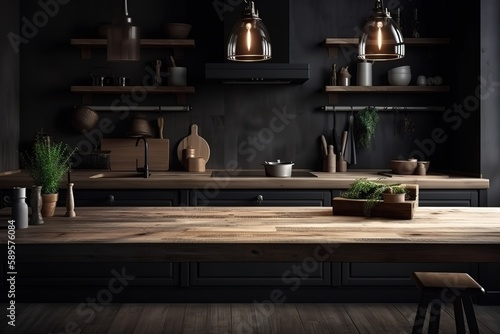 Wood table top on blur kitchen counter (room)background | Wooden table top on blur kitchen room background,Modern Contemporary kitchen room interior, Generative AI