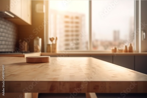 Empty wooden table top with out of focus lights bokeh rustic farmhouse kitchen background   Table top and blurred kitchen room as background  Generative AI