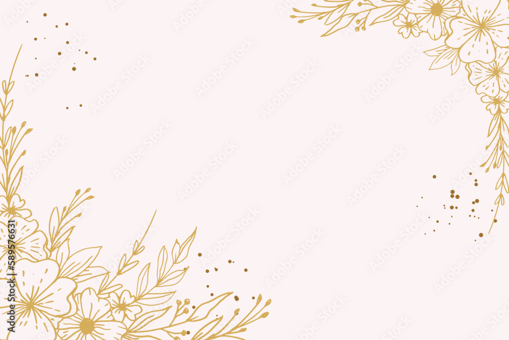 Elegant golden floral background with hand drawn flowers and leaves illustration decoration Elegant golden floral background with hand drawn flowers and leaves illustration decoration