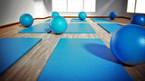 Pilates mat and exercise balls standing on parquet floor. 3D illustration