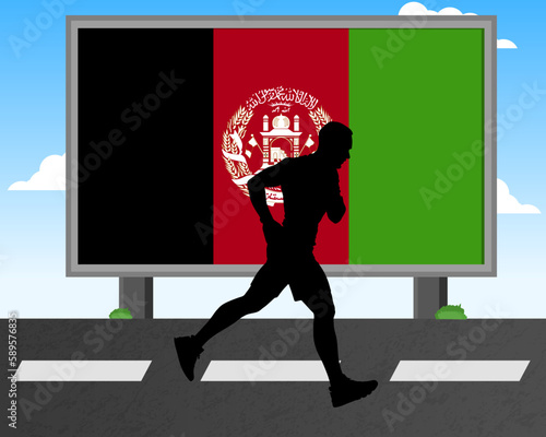 Running man silhouette with Afghanistan flag on billboard, olympic games or marathon competition
