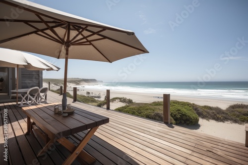 wooden patio with view of the beach  perfect for relaxing and enjoying the sun  created with generative ai