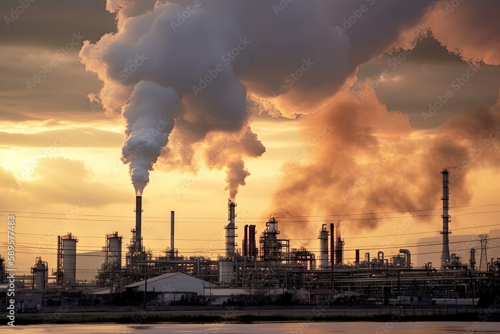 refinery, with smoke rising from burning waste and gases, created with generative ai refinery, with smoke rising from burning waste and gases, created with generative ai