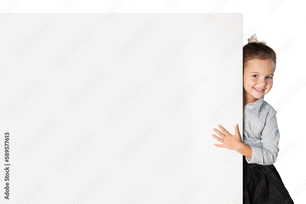Little smiling girl with white blank close up on background Little smiling girl with white blank close up on background