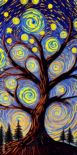 An abstract painting of a magical tree in the forest with beautiful stars, generative ai