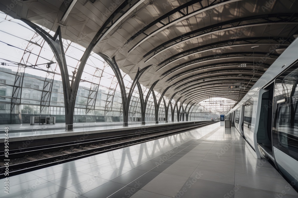 modernized railway station, with sleek and stylish design elements, including glass walls and metal accents, created with generative ai modernized railway station, with sleek and stylish design elements, including glass walls and metal accents, created with generative ai