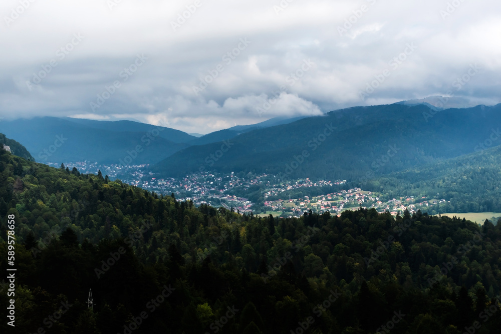 Aerial view of Sinaia town seen from the cable car. Romania.