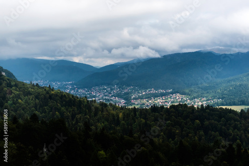 Aerial view of Sinaia town seen from the cable car. Romania. © Sulugiuc