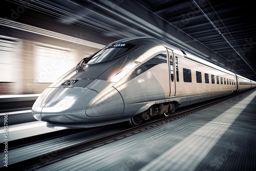 modern and sleek high-speed train speeding along the tracks, created with generative ai