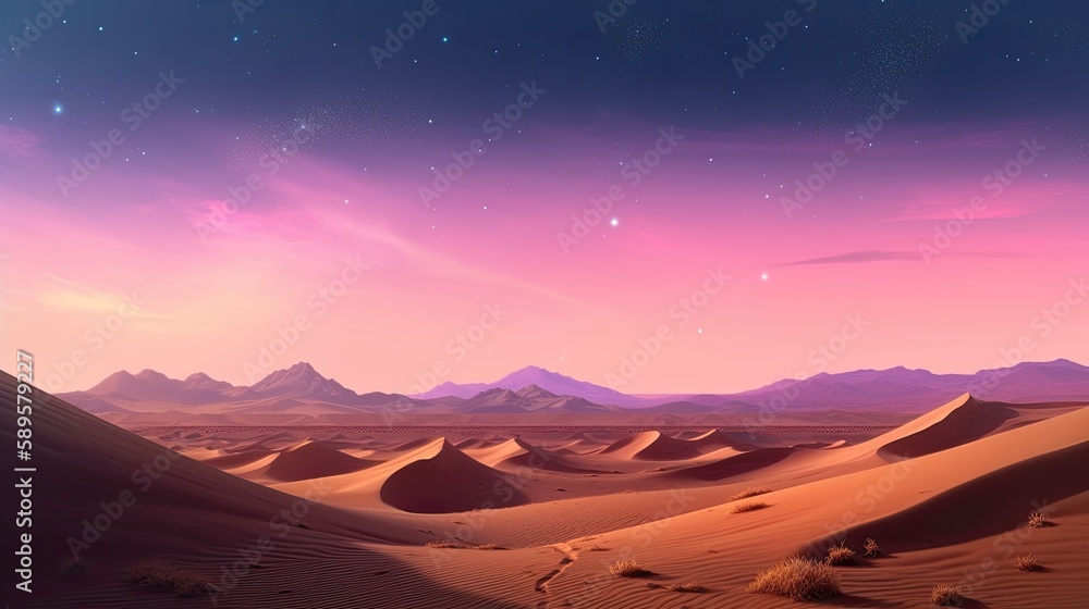 At Dusk, Rolling Sand Dunes Create a Peaceful Contemporary Scenery With a Pink Gradient and Starry Sky. Generative AI