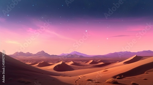 At Dusk  Rolling Sand Dunes Create a Peaceful Contemporary Scenery With a Pink Gradient and Starry Sky. Generative AI