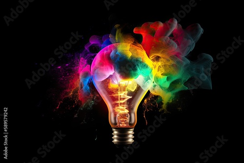 Eureka Moment: Inspiring & Impactful Lightbulb in the Shape of a Heart with an Explosion of Colorful Creativity. Generative AI
