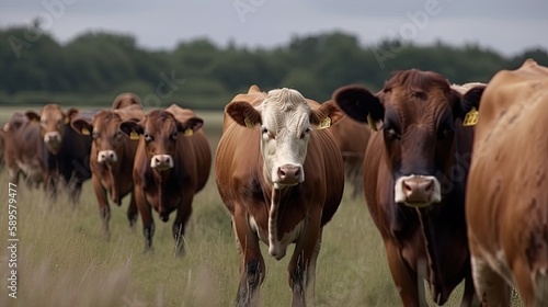 The Calm and Serene Scene of Cows Grazing in the Field. Generative AI