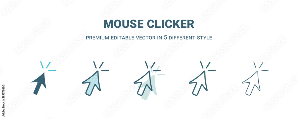 mouse clicker icon in 5 different style. Outline, filled, two color, thin mouse clicker icon. Editable vector can be used web and mobile mouse clicker icon in 5 different style. Outline, filled, two color, thin mouse clicker icon. Editable vector can be used web and mobile