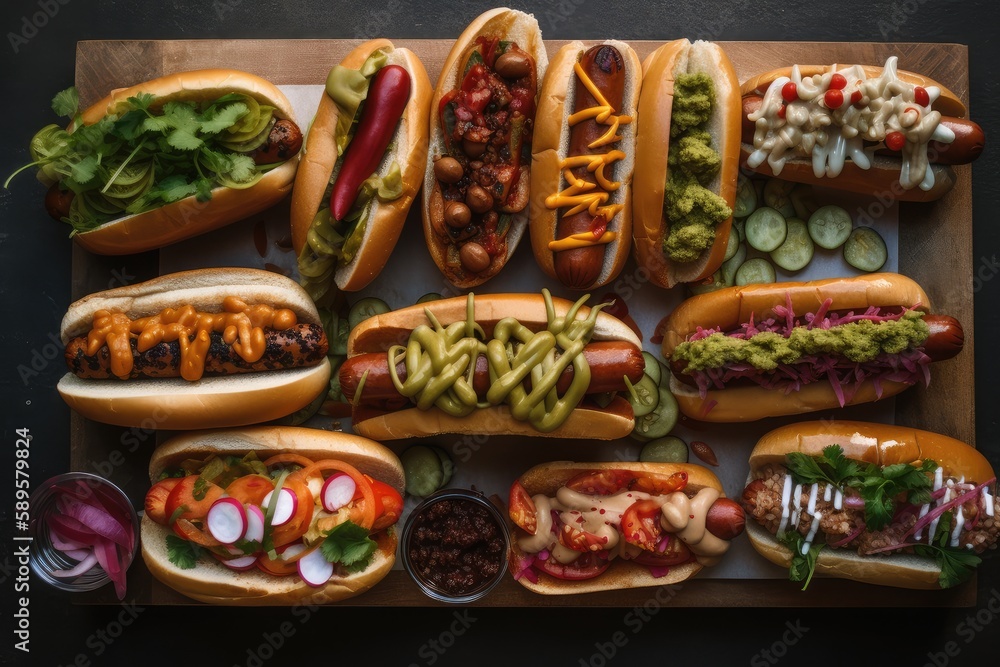platter of hot dogs, with variety of different toppings, created with generative ai