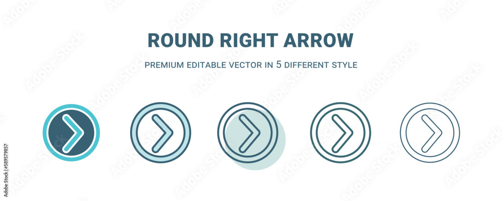 round right arrow icon in 5 different style. Outline, filled, two color, thin round right arrow icon. Editable vector can be used web and mobile round right arrow icon in 5 different style. Outline, filled, two color, thin round right arrow icon. Editable vector can be used web and mobile