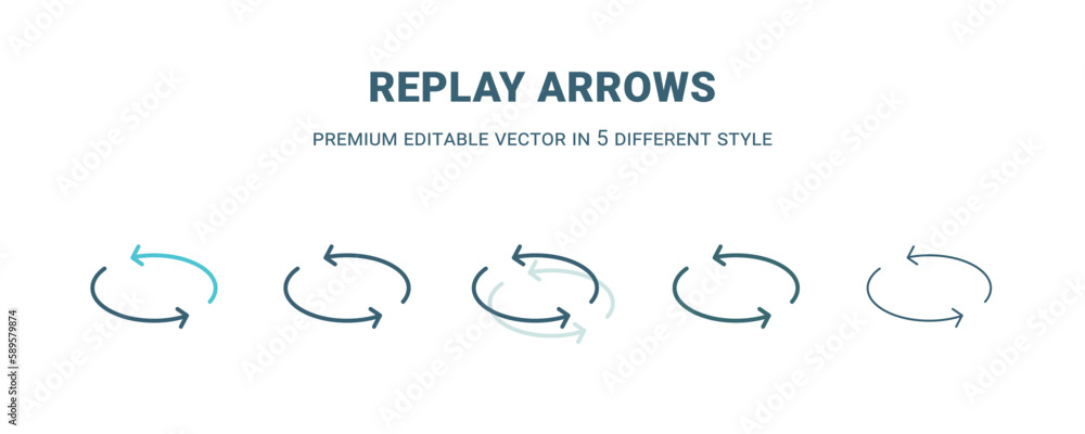 replay arrows icon in 5 different style. Outline, filled, two color, thin replay arrows icon. Editable vector can be used web and mobile