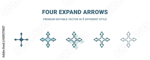 four expand arrows icon in 5 different style. Outline, filled, two color, thin four expand arrows icon. Editable vector can be used web and mobile