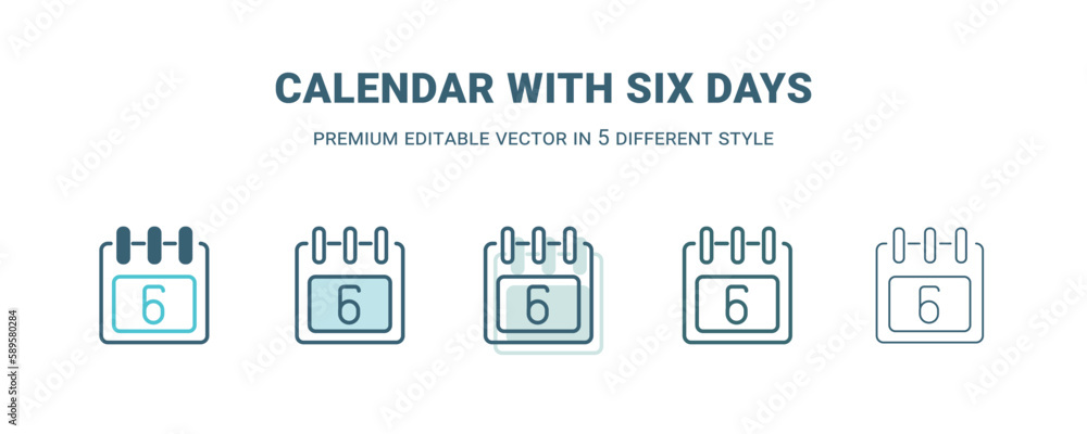 calendar with six days icon in 5 different style. Outline, filled, two color, thin calendar with six days icon. Editable vector can be used web and mobile calendar with six days icon in 5 different style. Outline, filled, two color, thin calendar with six days icon. Editable vector can be used web and mobile