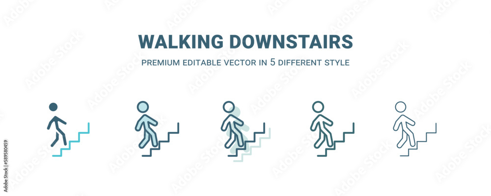 walking downstairs icon in 5 different style. Outline, filled, two color, thin walking downstairs icon. Editable vector can be used web and mobile