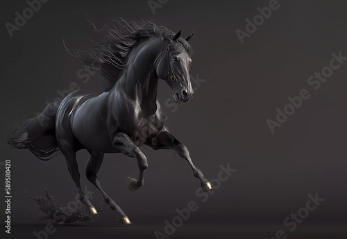 Black horse on a dark background. Horse. Banner. Copy space. Generative AI
