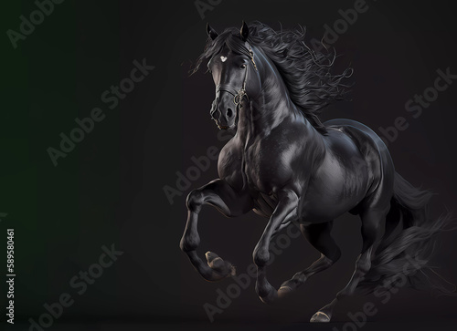 Black horse with a mane on a dark background. Horse. Banner. Copy space. Generative AI