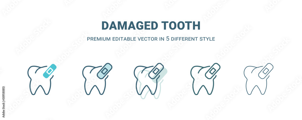 Fototapeta premium damaged tooth icon in 5 different style. Outline, filled, two color, thin damaged tooth icon. Editable vector can be used web and mobile
