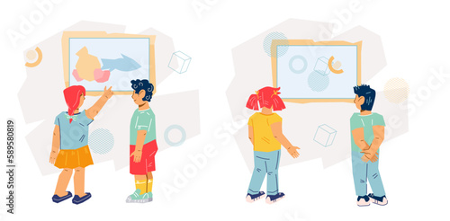 Kids in art museum or gallery, set of scenes or banners with kids looking at exhibits, flat vector illustration isolated on white background. Excursion for children to the art museum.