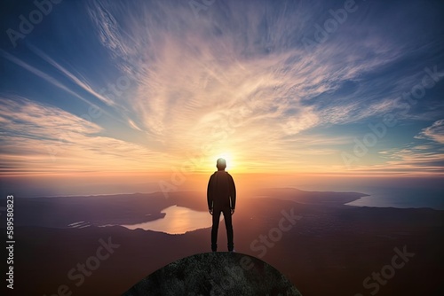 person  looking out over sunrise  with the world in their view  created with generative ai