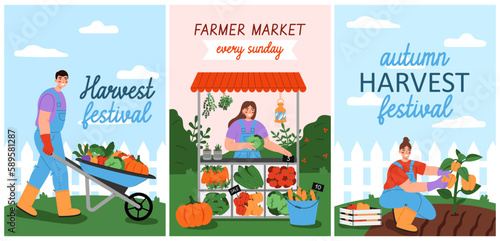 Set of farmer market and harvest festival banners or posters. Buy fresh organic products from the local farmers market. Concept of seasonal agricultural fair.