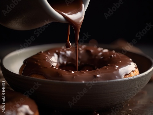 Homemade chocolate doughnuts being covered with chocolate glaze on dark blurred background. AI generated