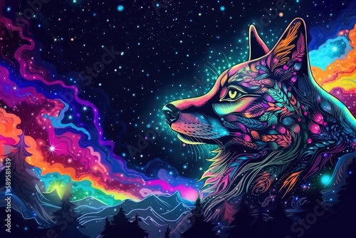 trippy animal on a psychedelic starry night sky background, created with generative ai