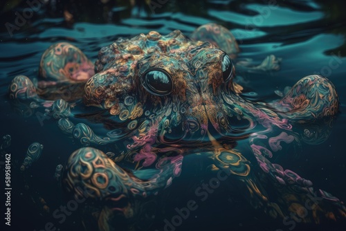 trippy creature of the deep, floating on the water surface, created with generative ai